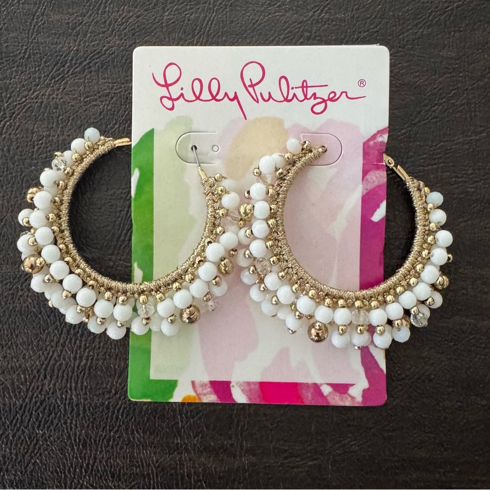 NWT Lilly Pulitzer White Beaded Gold Hoop Earrings